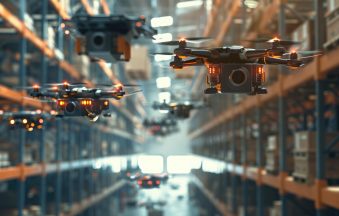 Drones scanning and organizing inventory in a smart warehouse environment. Smart factory automation.