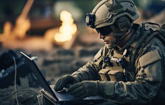 soldier with laptop in military uniform at night.